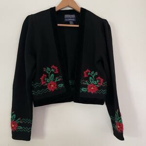 Herman Geist Wool Sweater S Hand Embroidered Poinsettia Flower Holiday Christmas